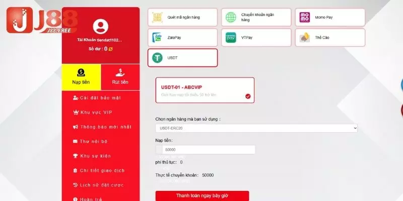 Nạp tiền J88 qua hình thức USDT